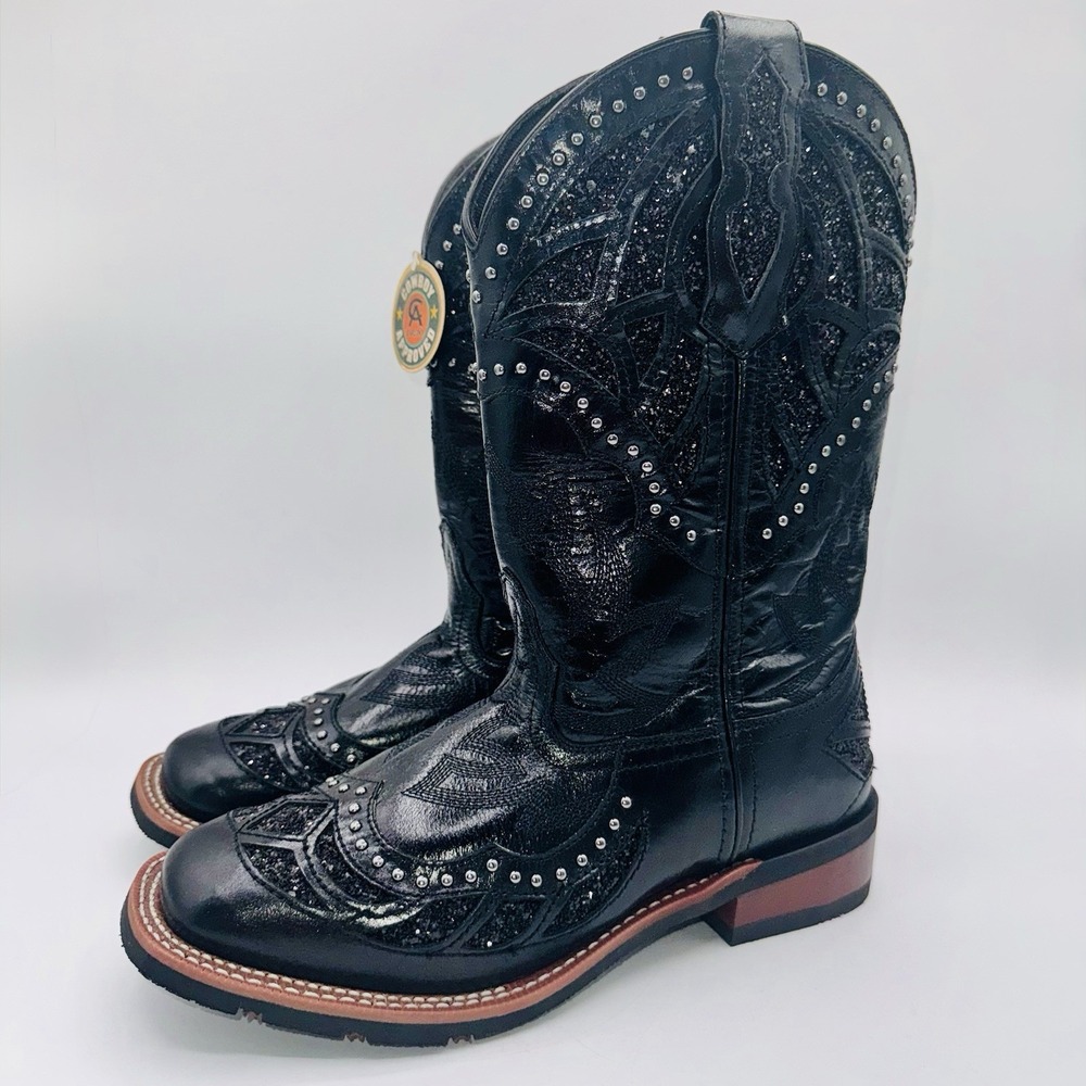 Laredo Eternity Boots Women's Size 8.5 Black Leather Glitter Inlay Studded